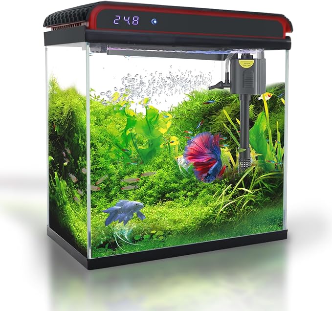 Glass 5 Gallon Fish Tank Aquarium - Smart Self-Cleaning Starter Kit with 3-Color LED Light, Ultra Quiet Pump & Filter, Temperature Monitoring for Betta Fish and Shrimp