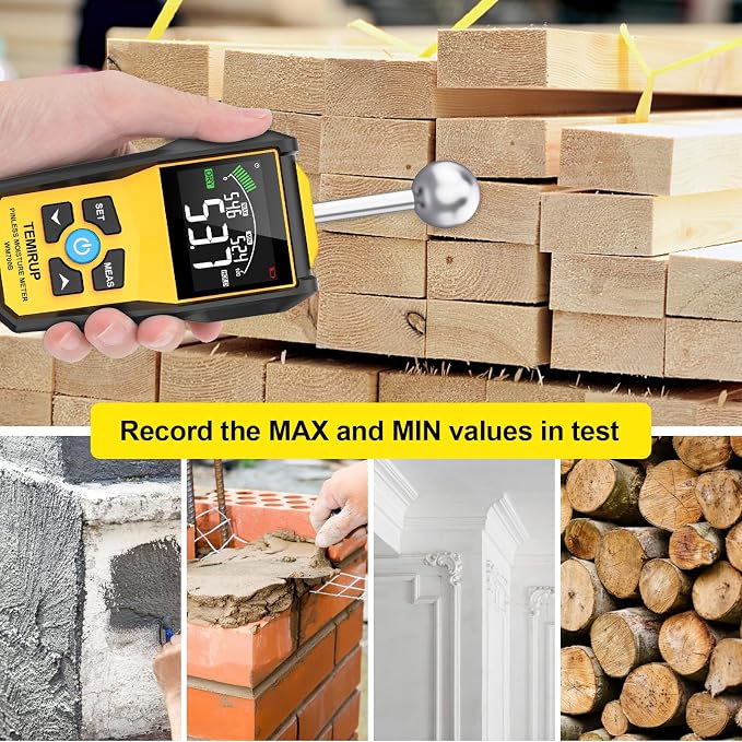 Moisture Meter, TEMIRUP Pinless Moisture Meter –Wood Moisture Detector for Walls, Drywall, Firewood & Concrete, Digital Moisture Tester with 3-Color LCD Display Reader, Audible Alarm & Hold Function