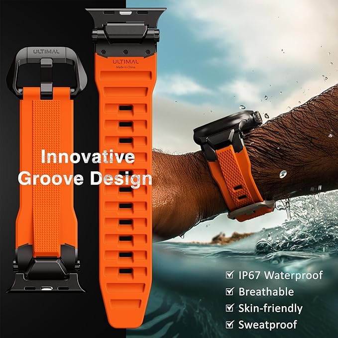 ULTIMAL Rugged Band for Apple Watch Ultra 3/2/1 49mm, Series 11/10/9/8/7/6/5/4 SE 46mm/45mm/44mm, Waterproof, Soft TPU Strap with Stainless Steel Buckle & Connectors, Sweat-Resistant, Easy to Clean, Fits 155-225mm Wrist (Black/Orange)