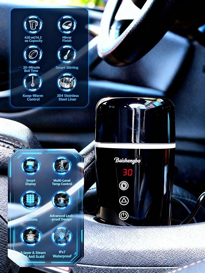 Car Electric Kettle | LED Car Coffee Maker | 12V/24V Car Kettle | 14.2 oz Auto Stir | | IPX7, BPA-Free, Keep-warm 104-194°F, 20-min Boil | Fahrenheit (°F) Display