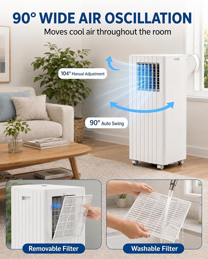 8000 BTU Portable Air Conditioners, 4-in-1 Portable AC with Cooling, Dehumidifying & Fan Functions, Sleep Mode, 24-Hour Timer, Remote Control and Easy Installation, for Office