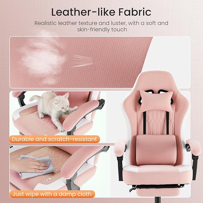DUMOS Gaming Chair with Linkage Armrests, Video Game Chairs with Pocket Spring Cushion, Ergonomic Computer Silla Gamer Office Desk Chair with Footrest for Adults & Students, Pink