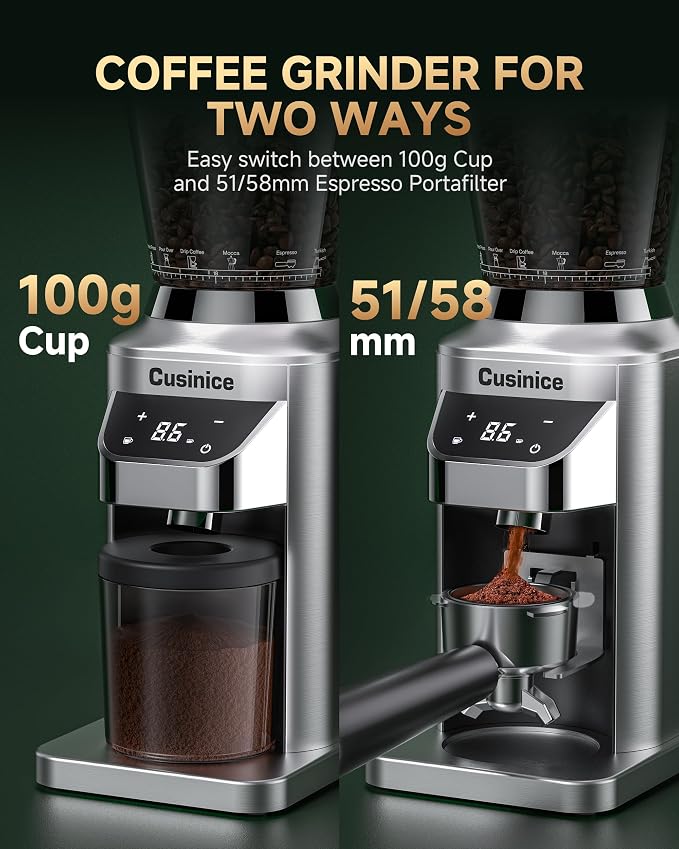 Conical Burr Coffee Grinder for Home Use, Anti-Static Espresso Grinder with 34 Grind Settings, 40mm Stainless Steel Burr, 0.1s Timer, Portafilter Holder, Touchscreen, Silver