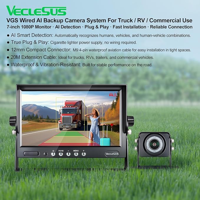 VGS AI Backup Camera System, 1080P HD Starlight Night Vision, Auto Detect Pedestrians, Vehicles & Pedestrian-Vehicle Combo, 7" Auto-Dimming Monitor, IP69K Waterproof for Trucks & RVs