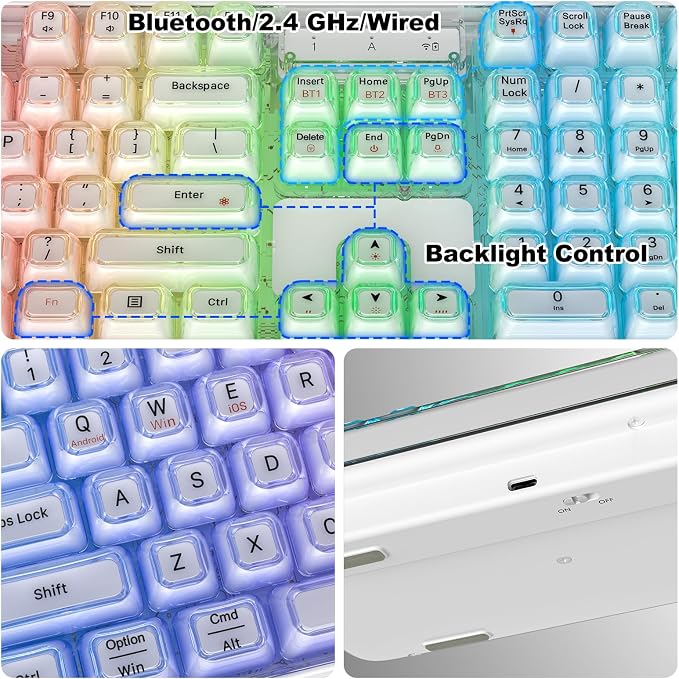 GEEZER Computer Backlit Keyboard White Crystal - Full-Size Bluetooth Wireless Rechargeable Transparent Keycap Portable Keyboards Compatible with Windows, Laptop, PC, Desktop