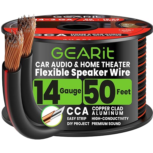 GEARit 14 Gauge Speaker Wire 50ft,Flexible Speaker Cable with Foot Markers & Polarity Markings,14 Gauge Wire for Car Audio & Home Theater Speakers,Audio Cable for DIY Installations,CCA(Black)
