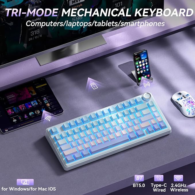 SOLAKAKA A75 Wireless Mechanical Keyboard, Hot Swappable Gaming Keyboard with RGB Backlit, Multifunction Knob, Gasket Mounted Creamy Keyboard, BT5.0/2.4GHz/USB-C, 75% Compact Layout for Win/Mac/PC