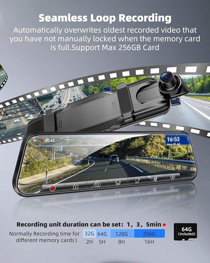 2.5K Mirror Dash Cam with Carplay&Android Auto,10" Rear View Mirror Camera for Cars/Trucks with Voice Control/ 64GB Card/Touch Screen/Parking Monitor/Reverse Assist/Dual Loop Record/WDR Tech