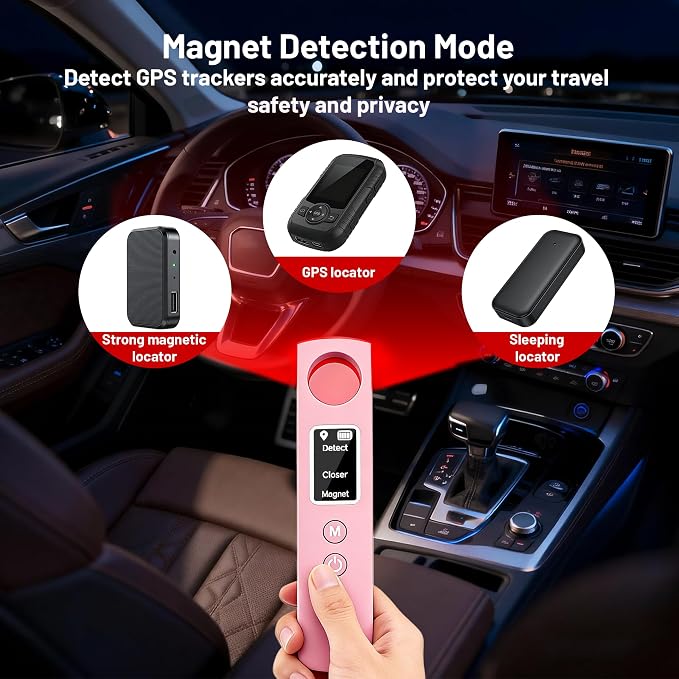 Hidden Camera Detector, 6-in-1 Anti-Spy Camera Finder w/LED Screen, GPS Tracker & Bug Detector, Portable RF Signal Scanner, Privacy Protection for Travel, Office, Hotel, Car (Pink)