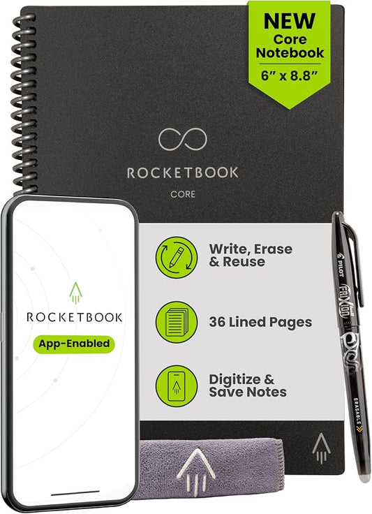 Rocketbook Core Reusable Smart Notebook, Lined Pages For School, Work and Creative Projects, Executive Size 6x8.8, Black - Premium