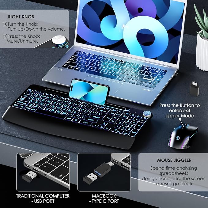 Lighted up Full Size 2.4G Wireless Keyboard and Mouse Combo, Rechargeable,with 7 Colored Backlits &Phone Holder &Wrist Rest &jiggler Mouse,for Mac Windows Laptop PC (Keyboard and Mouse Set)