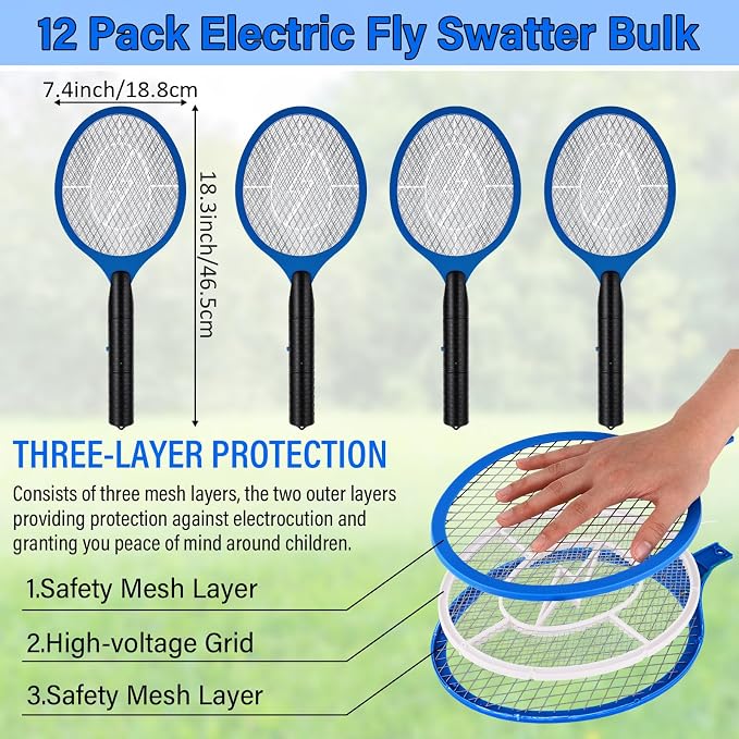 12 Pack Electric Fly Swatter Bulk Bug Zapper Rackets for Indoor Outdoor Insect Control Killer Bat Handheld Mosquito Swatter Battery Powered Electric Bug Killer for Home Patio Camping (Blue)