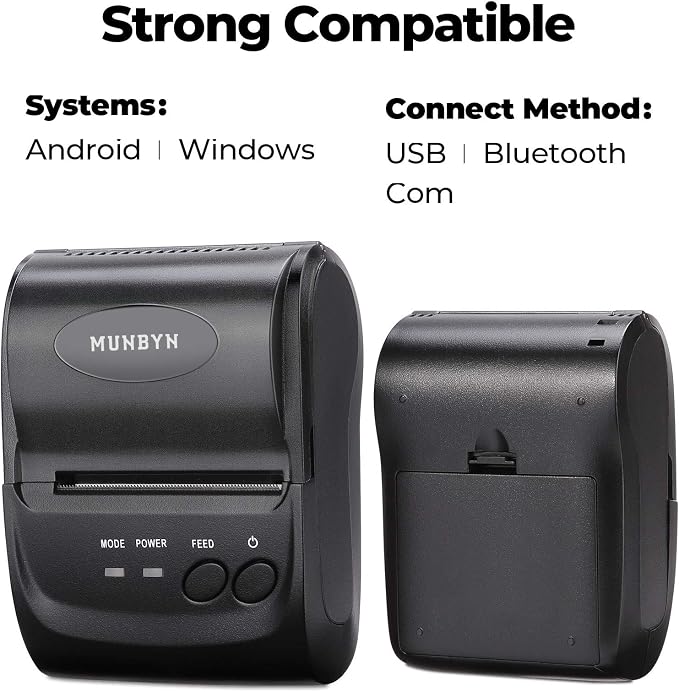MUNBYN 58mm Mini Bluetooth POS Receipt Printer, 2.28inch Wireless Portable Thermal Printer and 2 1/4 x 50ft Thermal Paper (50 Rolls), BPA Free Receipt Paper