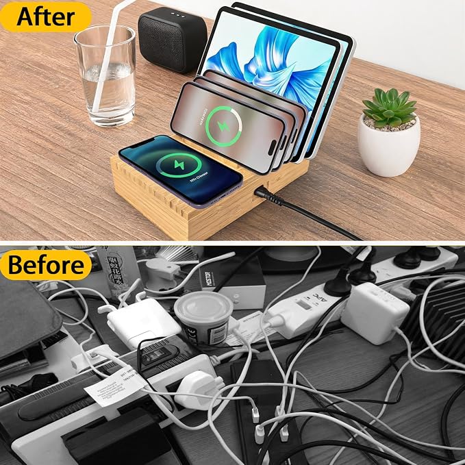 PD 100W Charging Station for Multiple Devices,6 Port USB Bamboo Charging Station Organzier with Detachable 15W 3 in 1 Wireless Charger Station for iPhone Android Apple Watch AirPod Tablet