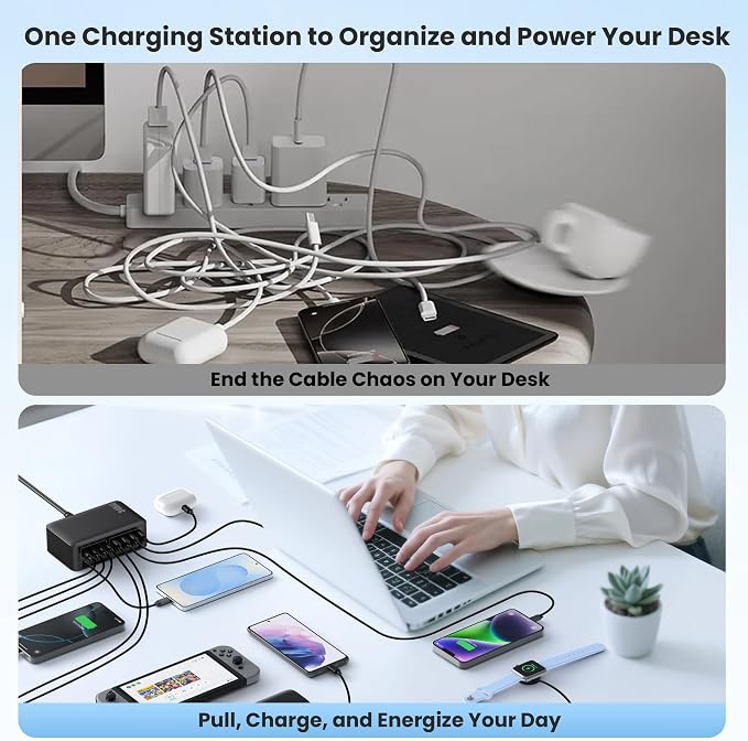345W USB C Charger 10 in 1 Retractable Wall Charger with 2 Cables,GaN 6 USB C Charging Station Phone Charging PD Laptop Charger Adapter for MacBook Pro/Air,DELL,iPhone17/16/15,Galaxy S24,Android etc