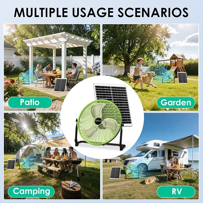 20" Solar Fan, Large Solar Powered Cordless Camping Fan, Rechargeable Battrey Operated Fans for Outside, 360° Tilt, Hi-airflow, Wireless, for Home Garage Outdoor Patio Travel Greenhouse