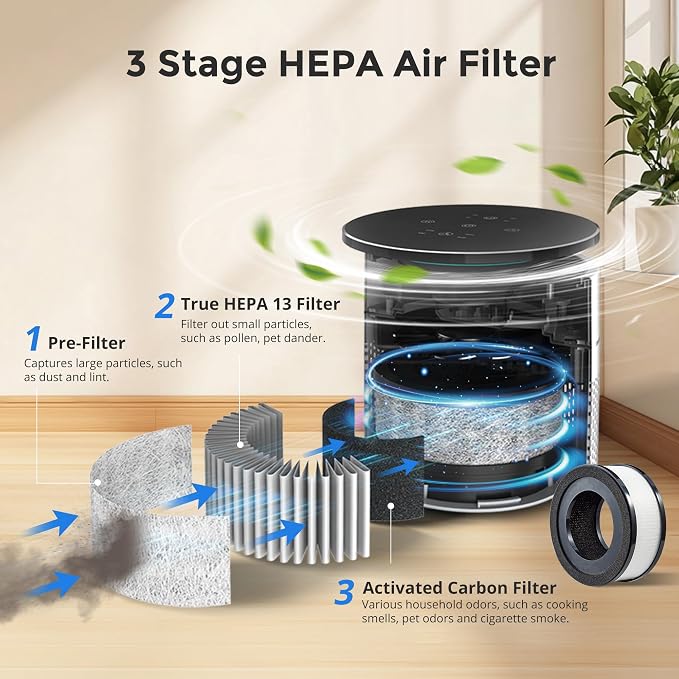 Small Desktop Air Purifier with HEPA Filter for Home and Office, Large Touch Display with Filter Indicator, Timer, Sleep Mode, Covers up to 250 Sq.Ft