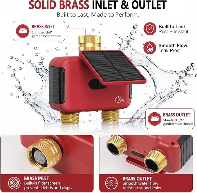 2 Zone WiFi Smart Sprinkler Timer for Garden Hose, Solar Rechargeable Water Timer with Dual Outlet, Brass Inlet & Outlet, No Hub Required, Smart Life App, Alexa & Google Assistant Compatible