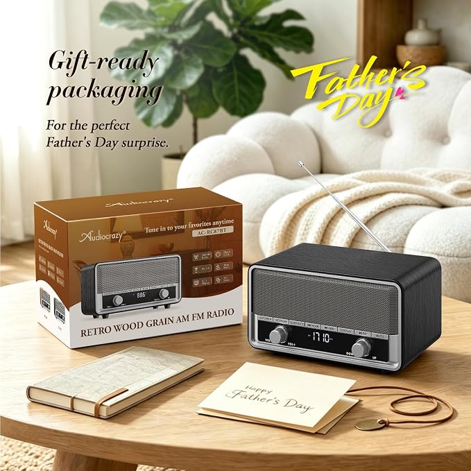 Vintage Wood AM FM Radio with Bluetooth, Retro Bluetooth Speaker Radio with LCD Display | 40 Presets | Sleep Timer | No Alarm for Office,Home, Kitchen (Space Black)
