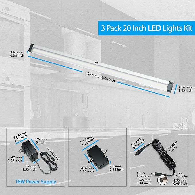 EShine Hand Wave Activated Under Cabinet LED Lighting Kit, Dimmable, 3-Pack 20 in - Touchless Dimming Control, Black Under Counter Lights for Kitchen, Garage, Office, Desk - Cool White (6000K)