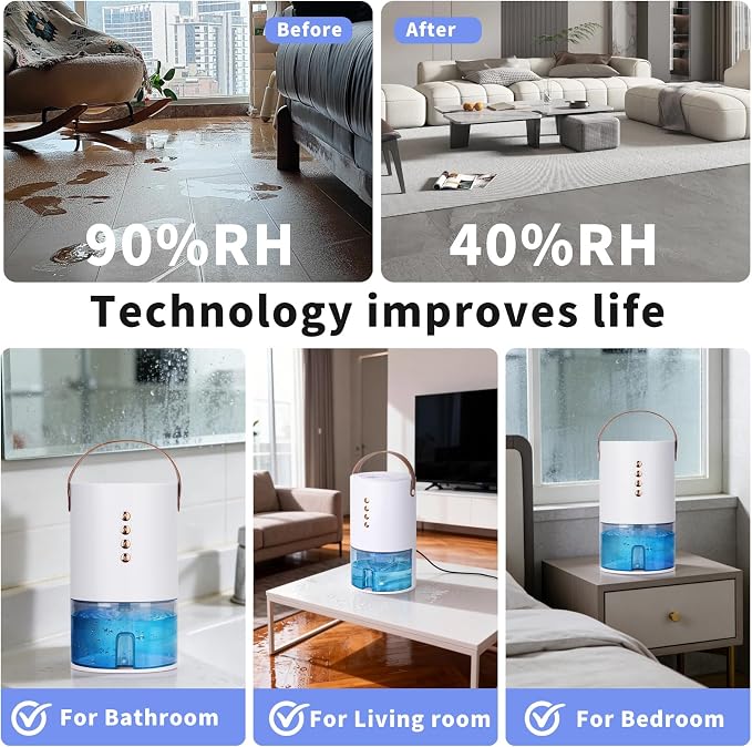 Dehumidifier for Home, 60 Oz | Small Portable Design, For Basement, Bedrooms, Bathrooms, Closets, RVs, Automatic Shut-off, Color Indicator Lights