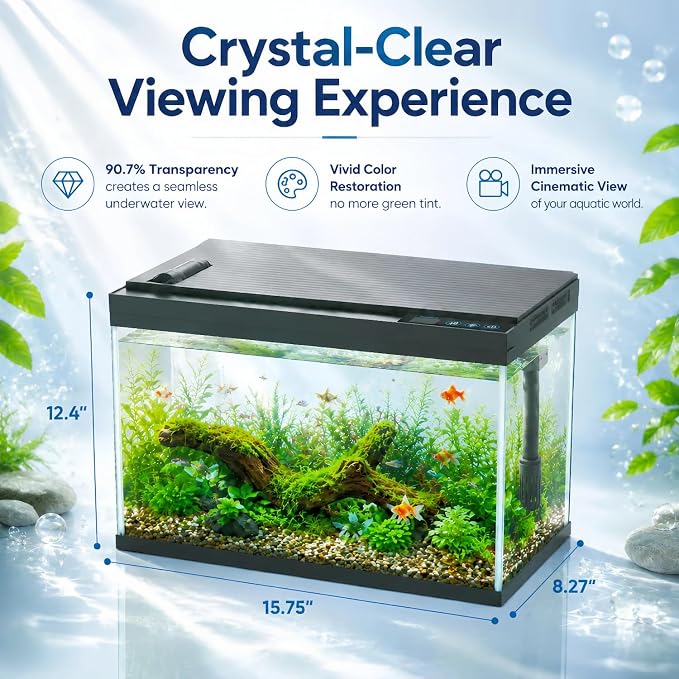 5 Gallon Fish Tank with Auto Feeder, Aquarium Starter Kit with Self Cleaning Filter, Crystal-Clear Glass, 7-Color LED Light, 5-Minute Setup, Vacation-Ready Betta & Goldfish Tank for Desk & Office