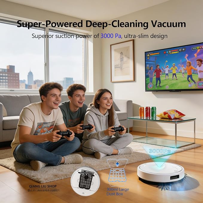 Robot Vacuum Cleaner, 3000Pa Powerful Suction, 2.56-inch Ultra-Slim Body, 120-Minute Long Battery Life, Quiet Operation, Smart Navigation, Suitable for Hard Floors/Low-Pile Carpets/Pet Hair- (White)