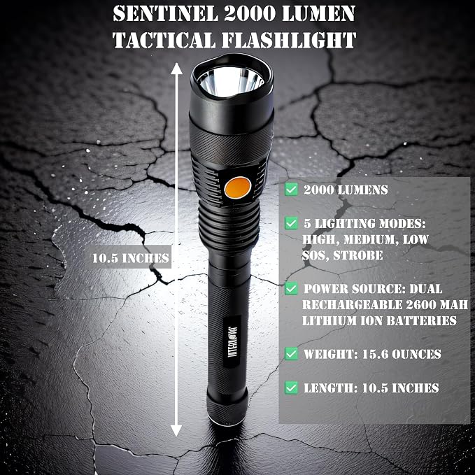 INTERNOVA® Sentinel 2000 Lumen Rechargeable Flashlight 10.5 Inches - LED Flashlight Includes USB Cord & Magnetic Sealed Gift Box