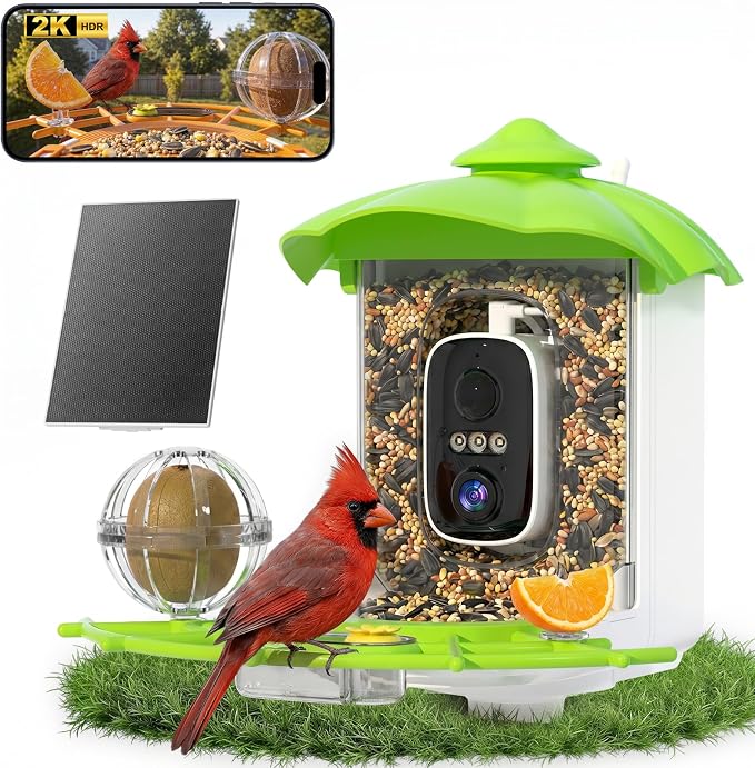 Bird Feeder with Camera,AI Identify Birds Species,2K HD Day/Night Live Stream,Solar Powered 5200mAh Battery,1.8L Hopper, Auto Record Videos, Instant Notifications,Ideal Gift for Family and Bird Lovers