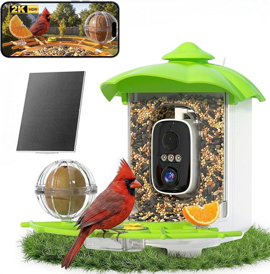 Bird Feeder with Camera,AI Identify Birds Species,2K HD Day/Night Live Stream,Solar Powered 5200mAh Battery,1.8L Hopper, Auto Record Videos, Instant Notifications,Ideal Gift for Family and Bird Lovers
