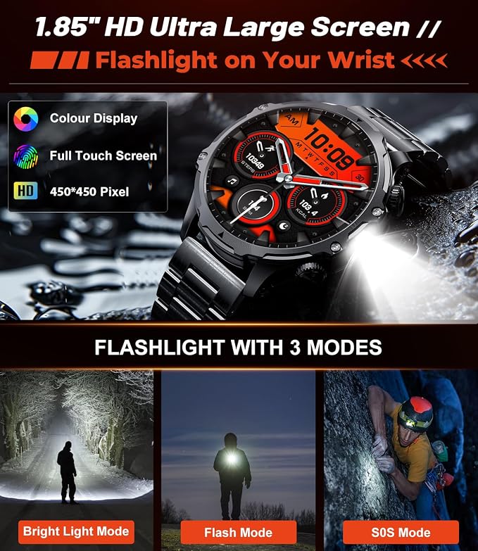 Military Smart Watch for Men, 1.85'' HD Large Screen Smartwatch, 800mAh/LED Flashlight/IP68 Waterproof/Pedometer/100+ Sports Fitness Tracker, Mens Smart Watches for Android iOS, Black