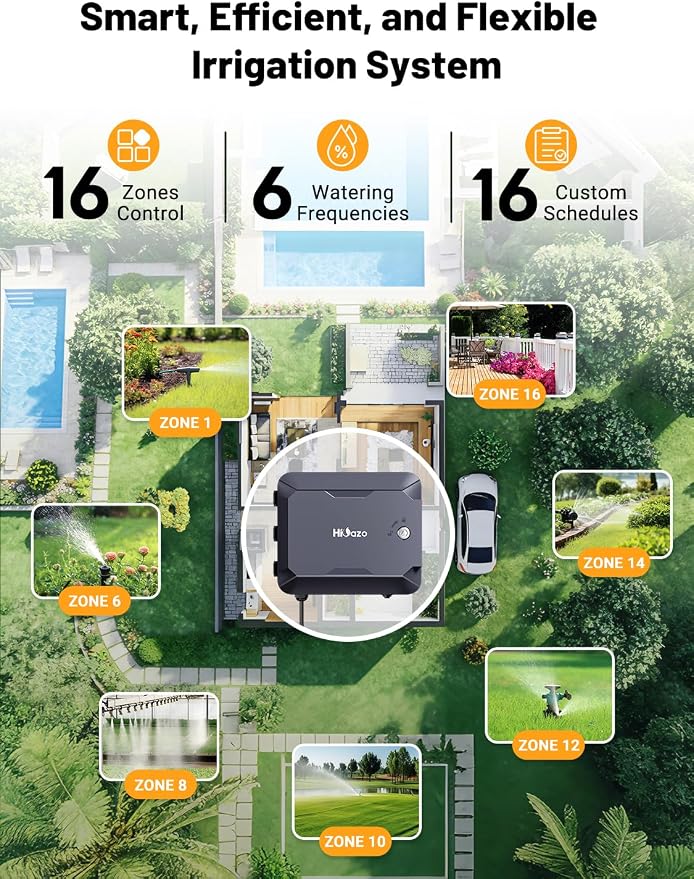 Outdoor Smart Sprinklers Controller 2.4GHz WiFi, Irrigation Controller Easy Use App Enabled, 16 Zones + 16 Plans, Save Water Auto Skip Rain, Freeze & Wind, 10 Minutes Install