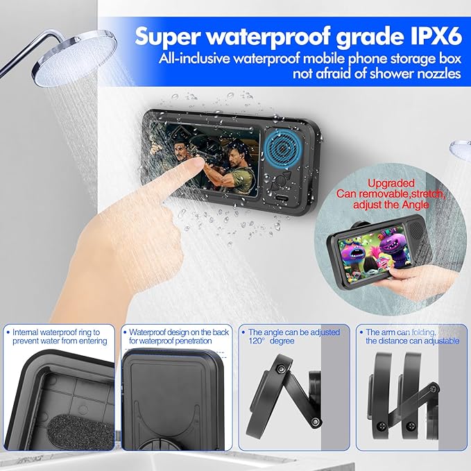 Shower Phone Holder with Wireless Bluetooth Speaker, Waterproof 480 Rotation Viewable Shower Phone Stand Case Mount Speakers for Bathroom Wall Mirro for 4"- 6.8" Cell Phones ,Gift for Mom(Black)