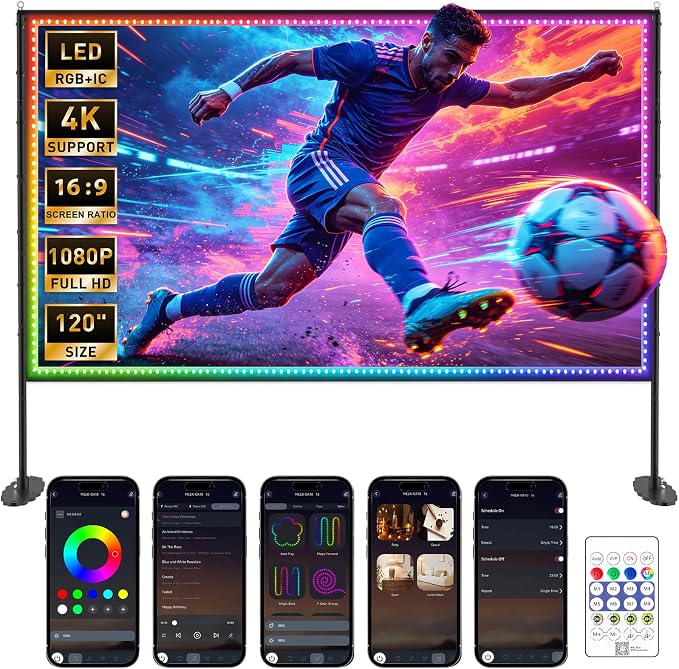 120 inch Outdoor Projection Screen with Stand, Smart RGB+IC String Lights, 4K 16:9 Wrinkle Wind Resistant Movie Screen, Foldable Portable Projector Screen for Backyard Camping Home Theater