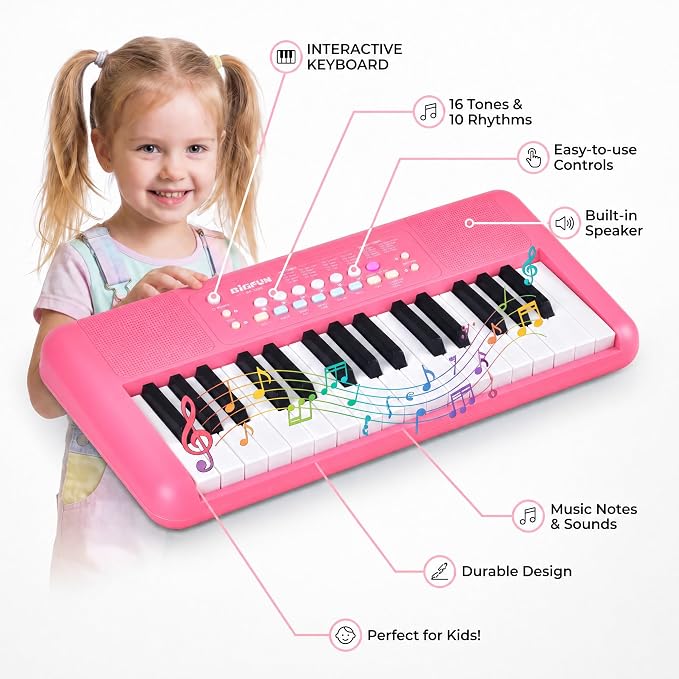 LeeQee 32 Keys Kids Keyboard Piano with Microphone, Double Speakers Toddler Piano Toy for Boys Girls Age 3-6, Portable Educational Musical Instrument, Birthday Gifts (Strawberry Red)