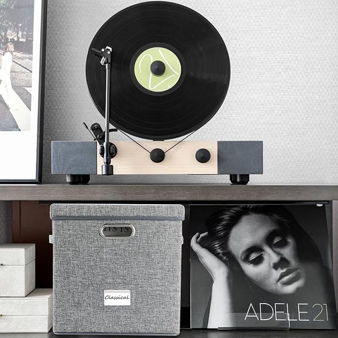 ZEDKEHO Vinyl Record Storage Box Set of 2 - Album Storage Holds 100+ Single Records, Decorative LP Storage Organizer Crate with Lid, Sturdy Moving Boxes for Records
