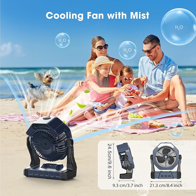 Ausic Misting Fan Portable, [Max 70H Runtime] Outdoor Cooling Camping Fans for Patio, Water Spray Mister Fan with Led Light, Beach Travel Camping Essential, 8 Inch Battery Operated Rechargeable Fan