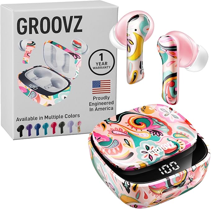 Groovz True Wireless Earbuds with Charging Case - Designed and Engineered in The USA - IPx4 Water Resistant Bluetooth Earbuds Compatible with Apple and Android - 27Hrs Battery Life - Paisley