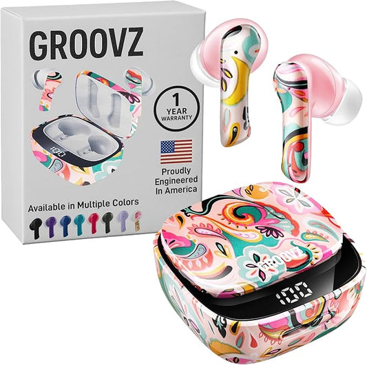 Groovz True Wireless Earbuds with Charging Case - Designed and Engineered in The USA - IPx4 Water Resistant Bluetooth Earbuds Compatible with Apple and Android - 27Hrs Battery Life - Paisley