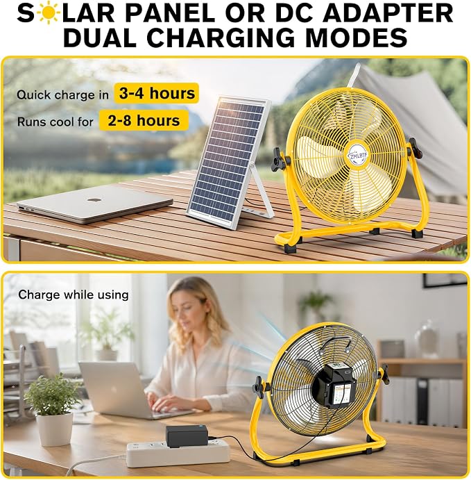 14" Solar Powered Fan with 20W Solar Panel & Rechargeable Battery, Portable, Quiet 12 Speed, 360° Tilt Head for Outside, Camping, Travel, Greenhouse, Chicken Coop, Patio, gazebo (Yellow)