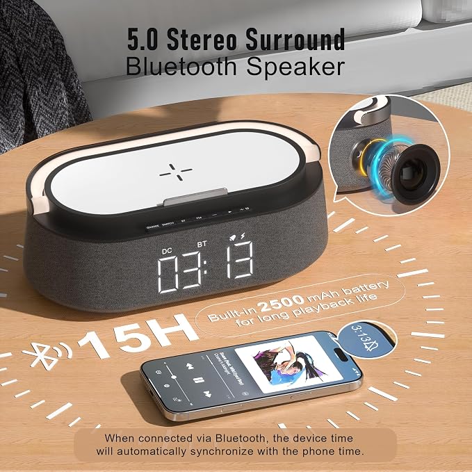 FREEFISH Bluetooth Speaker with Wireless Charger, FM Radio, Adjustable LED Night Light, Dual Wireless Speakers, Suitable for Decoration, Bedroom, Home, Office, Gift, Black
