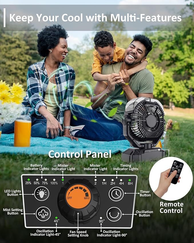 Portable Rechargeable Misting Fan with 12oz Water Tank, Auto Oscillating, Remote, Timer, Light, 8 Speeds, 9-Inch, 20000mAh 120H Battery Powered Mist Fan for Camping, Travel, Worksite, Poweroutage