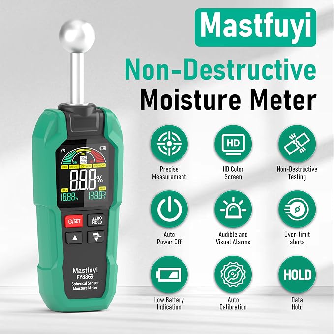 Pinless Wood Moisture Meter,Non-Destructive Depth 5-40mm for Wood & Walls | Digital Moisture Detector Built-in Flashlight for Concrete, Floors