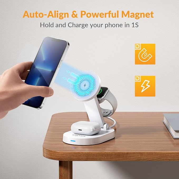 iDsonix 3 in 1 Wireless Charging Station for iPhone, 18W Fast Magnetic Phone Charger with Adjustable Stand and Light, Charger Stand for iPhone 16-12 Series, Airpods, iWatch, White