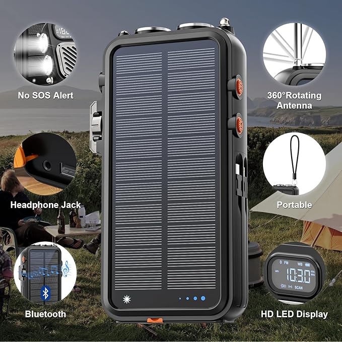 Emergency Radio&22000mAh Solar Power Bank, FM NOAA Weather Radio, Portable Hand Crank Bluetooth Radio, 20W Fast Charge Wireless Phone Charger, SOS Flashlight for Emergency/Home (Orange)
