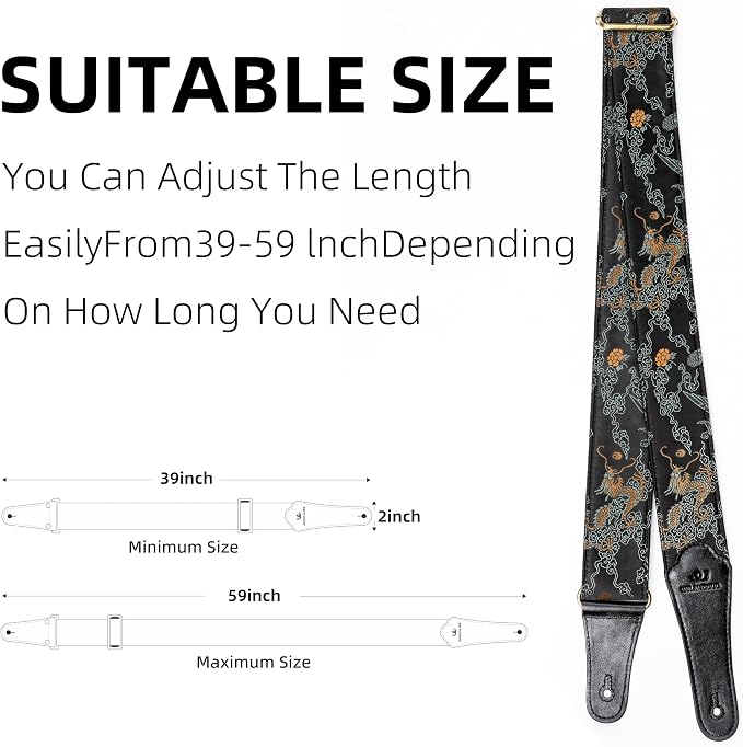 Guitar Strap, Electric& Acoustic Bass Guitar Straps,Embroidered Filament with Head Cowhide Leather Strap, with Free Strap Button,2 Guitar Strap Locks，4Guitar Pick (Golden Dragon)