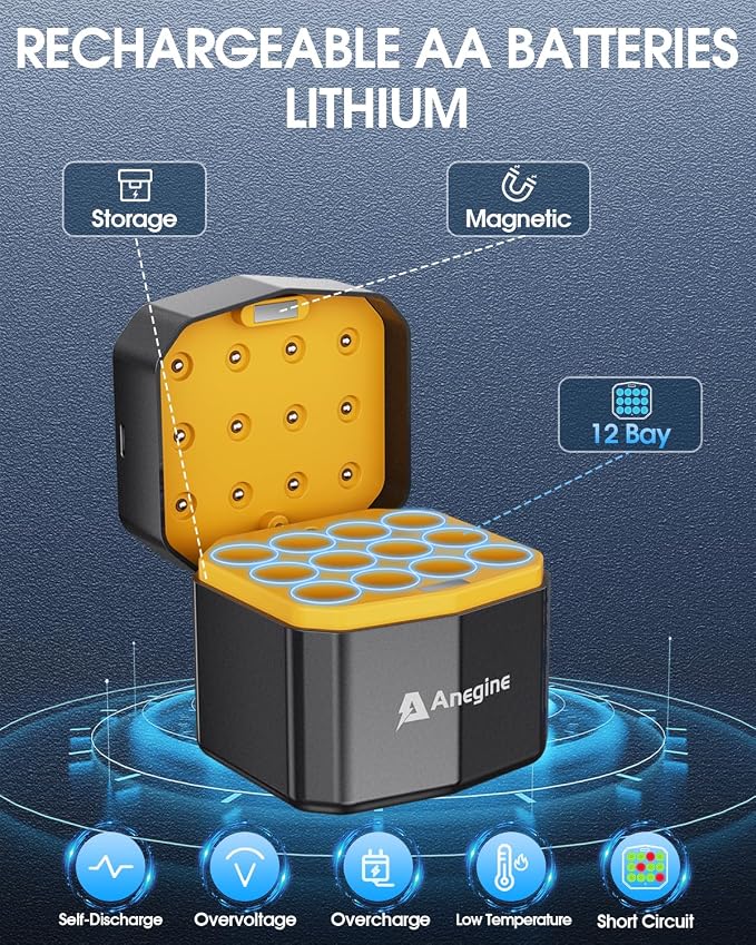 anegine Rechargeable AA Lithium Batteries with 12-Slot Charger, 12-Pack 1.5V 3600mWh Li-ion, 2000+ Cycles, Double A Batteries for Blink Outdoor Camera, Blue