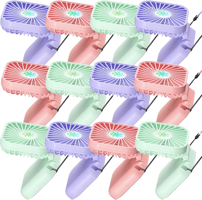 Hortsun 12 Pcs Mini Handheld Fan Bulk Portable Personal Neck Fan Small Foldable Hands Free with USB Rechargeable Gifts for Travel Summer Concerts Vacation Outdoor 3 Speed (Bright Colors)