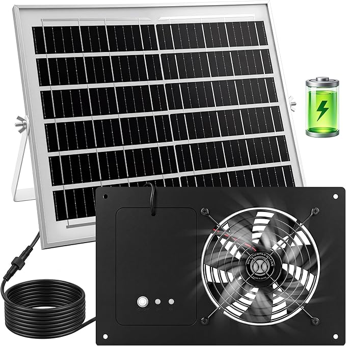 ropelux Solar Exhaust Fans with 15000mAh Battery & 2 Timers, Single Fan | Solar Powered, 24/7 Operation, Airflow Cooling Ventilation, for Chicken Coop, for Greenhouse, for Dog House, for Shed