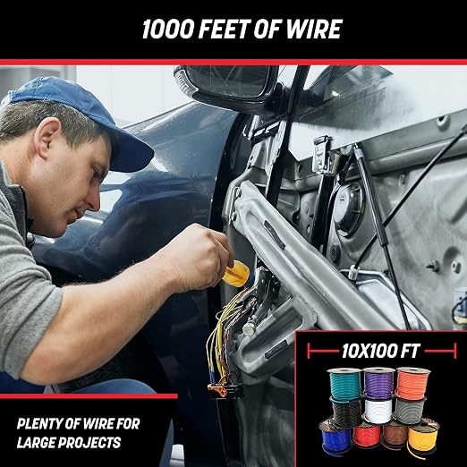 GS Power 1000ft CCA 16 Gauge Wire Automotive, 100ft Spool, 10 Colors, 16 AWG 12v Low Voltage, Speaker Electrical Wire Low Voltage Primary for Car Stereo Audio Trailer Harness Hookup Wiring LED DIY